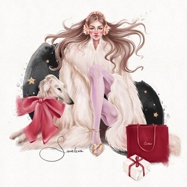 Fashion illustration девушка в шубе с собакой