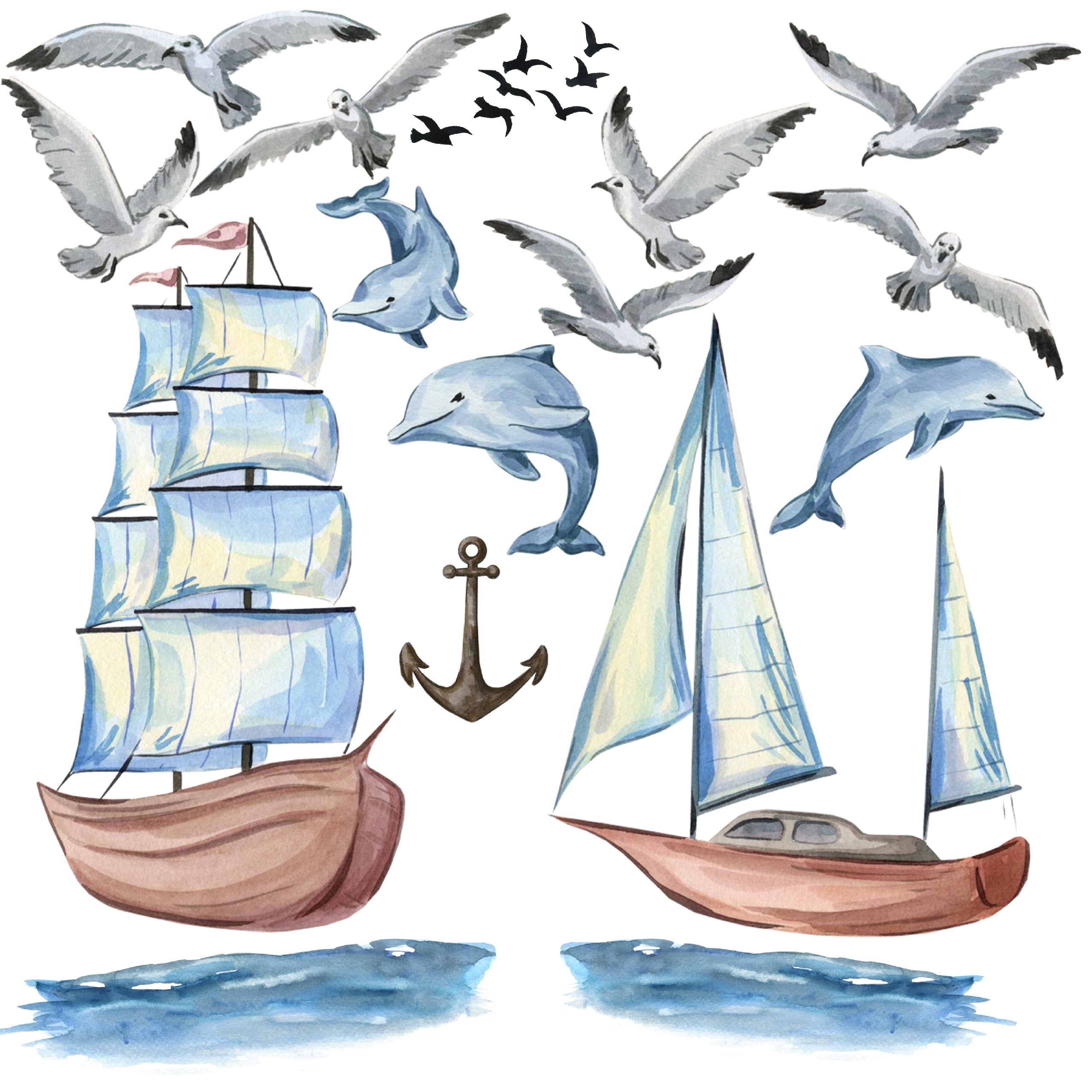 Набор акварельных иллюстраций "Морское путешествие"