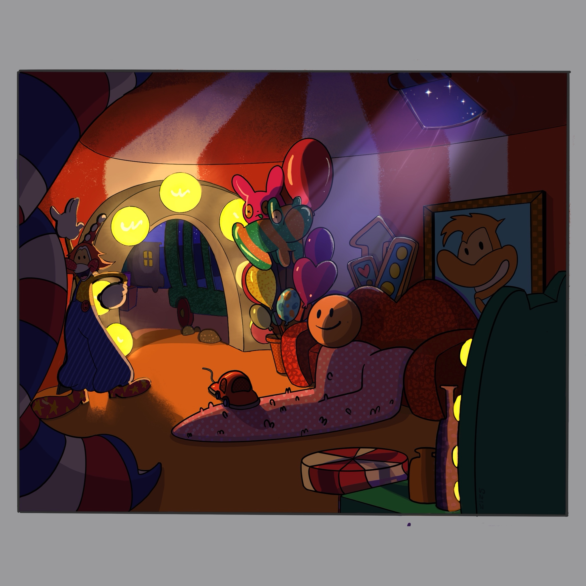 2/2 поворотов комнаты к концепт-персонажу "клоун "