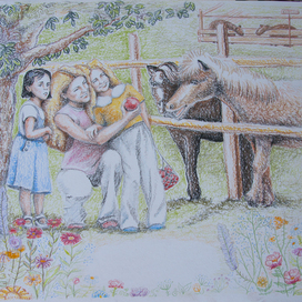 Пони, семья в зоопарке