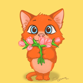 Котенок с тюльпанами