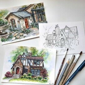 Акварельный скетч коттеджа