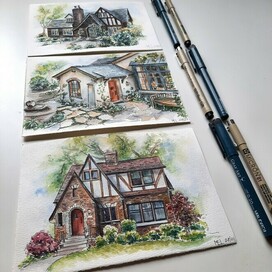 Акварельный скетч коттеджей