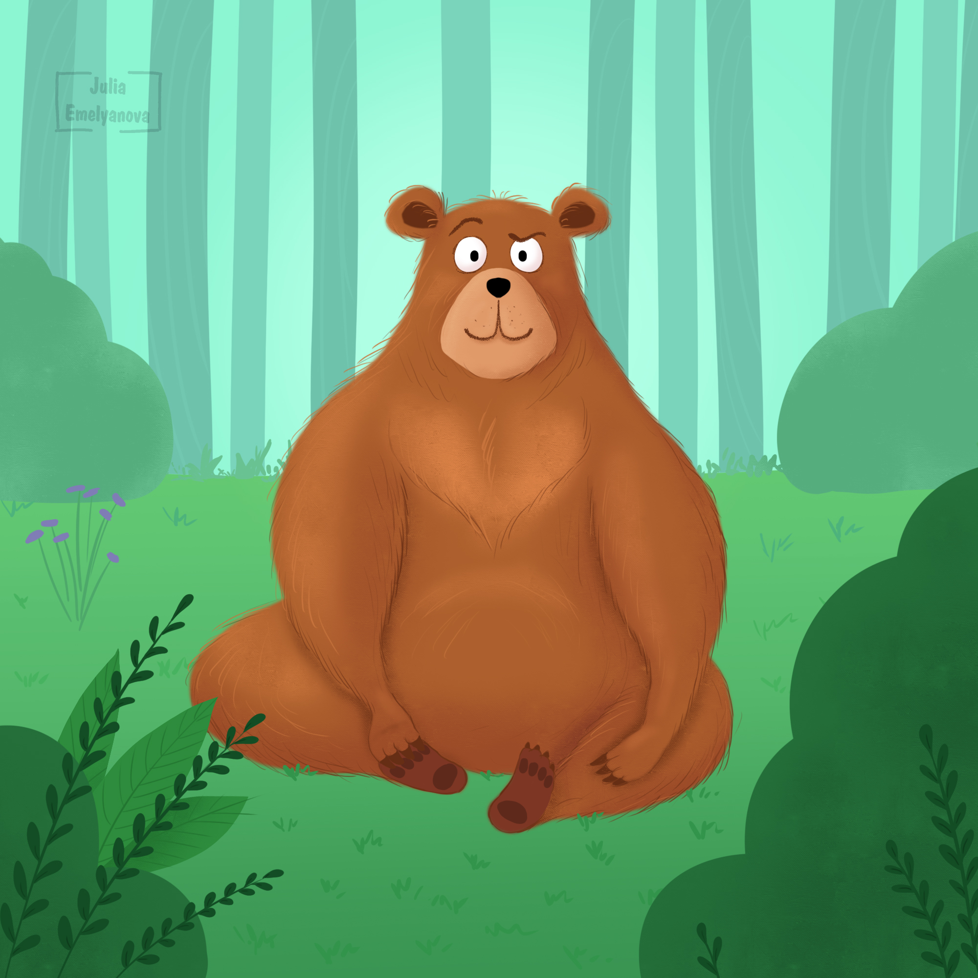 Медведь на полянке. Детская иллюстрация