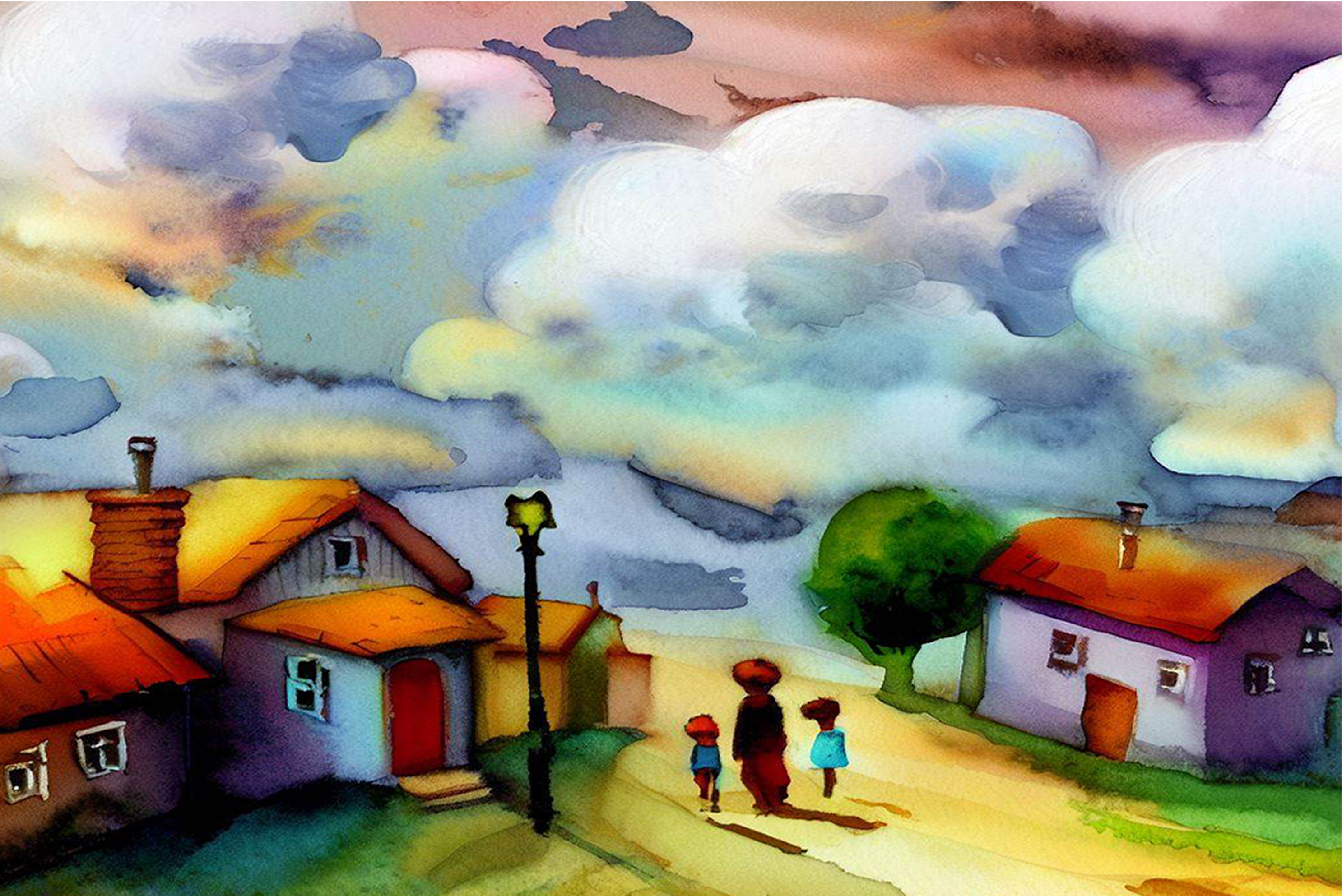 Вечер, акварельный пейзаж с загадочным настроением