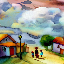 Вечер, акварельный пейзаж с загадочным настроением