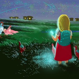 Маша идет к каким-то домикам...