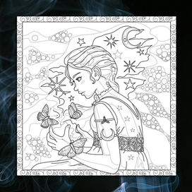 Девушка и звезды - раскраска для взрослых