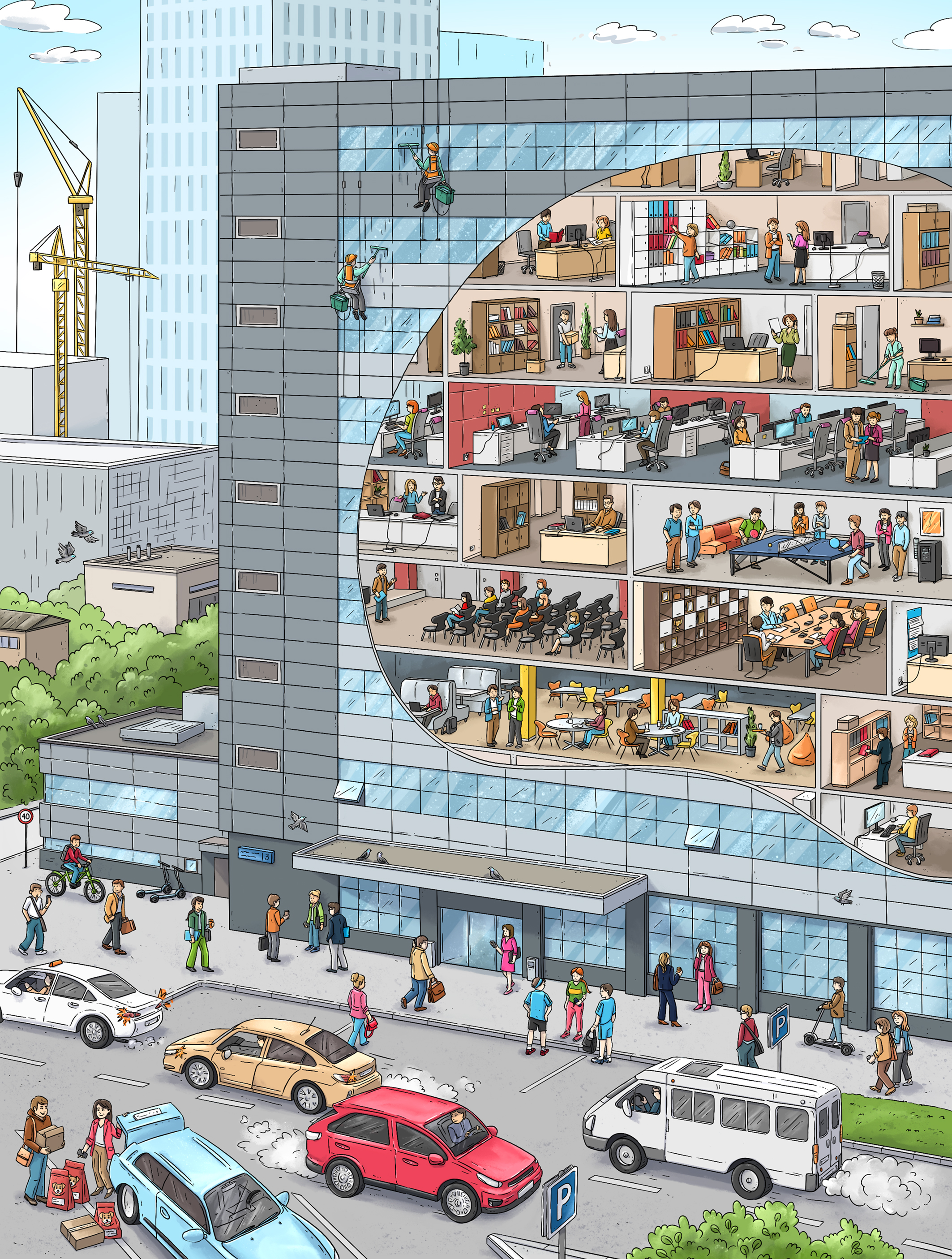 Виммельбух иллюстрация о работе IT компании.