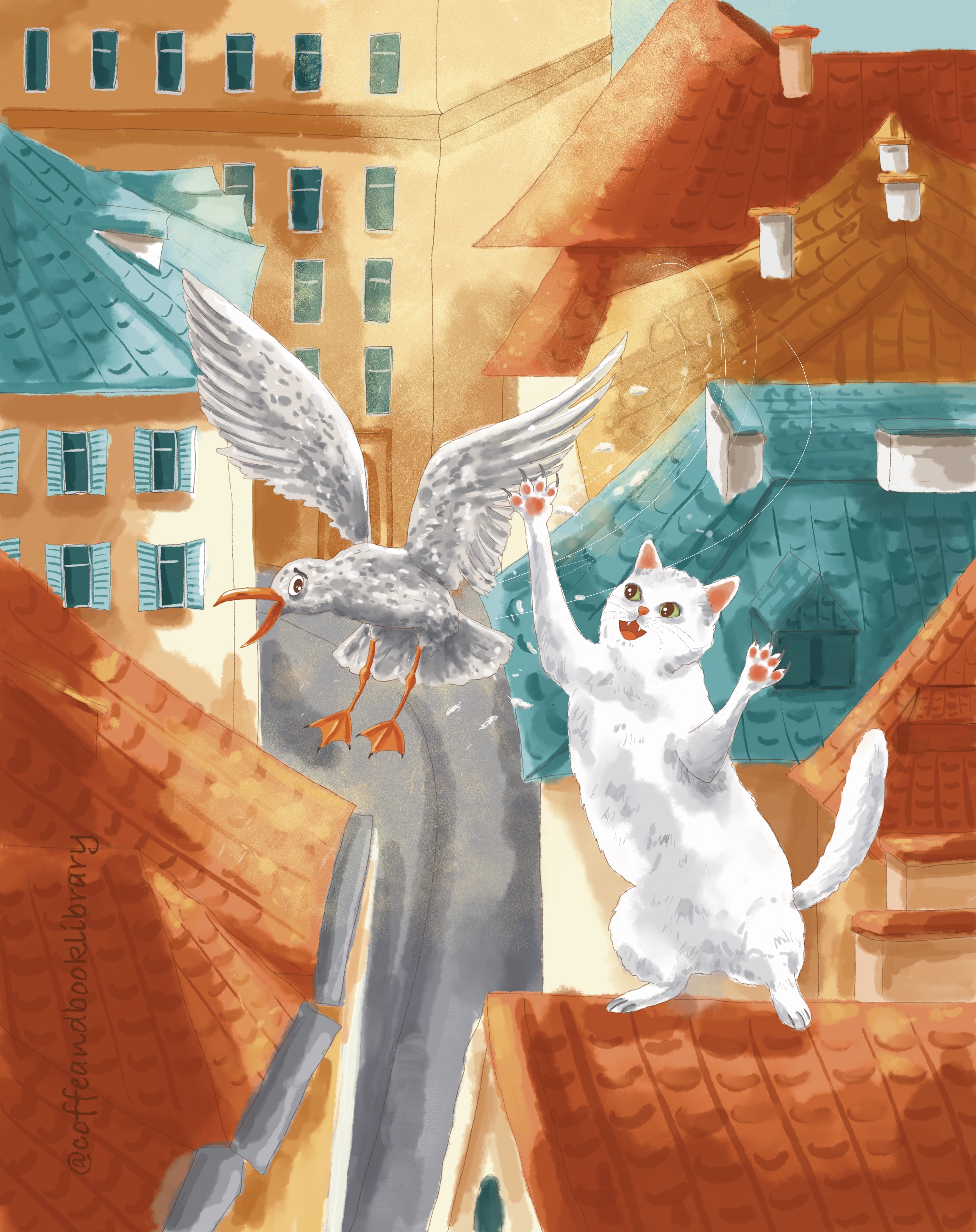 Кот и чайка (иллюстрация к истории про девочку Мару и чайку Момо)