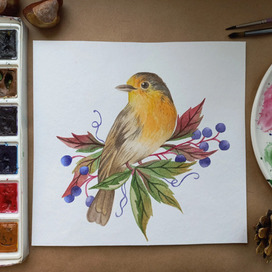 Зарянка и дикий виноград💛