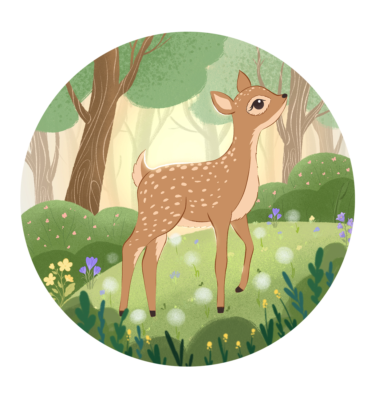 Оленёнок в лесу. Иллюстрация для детской книги или игры