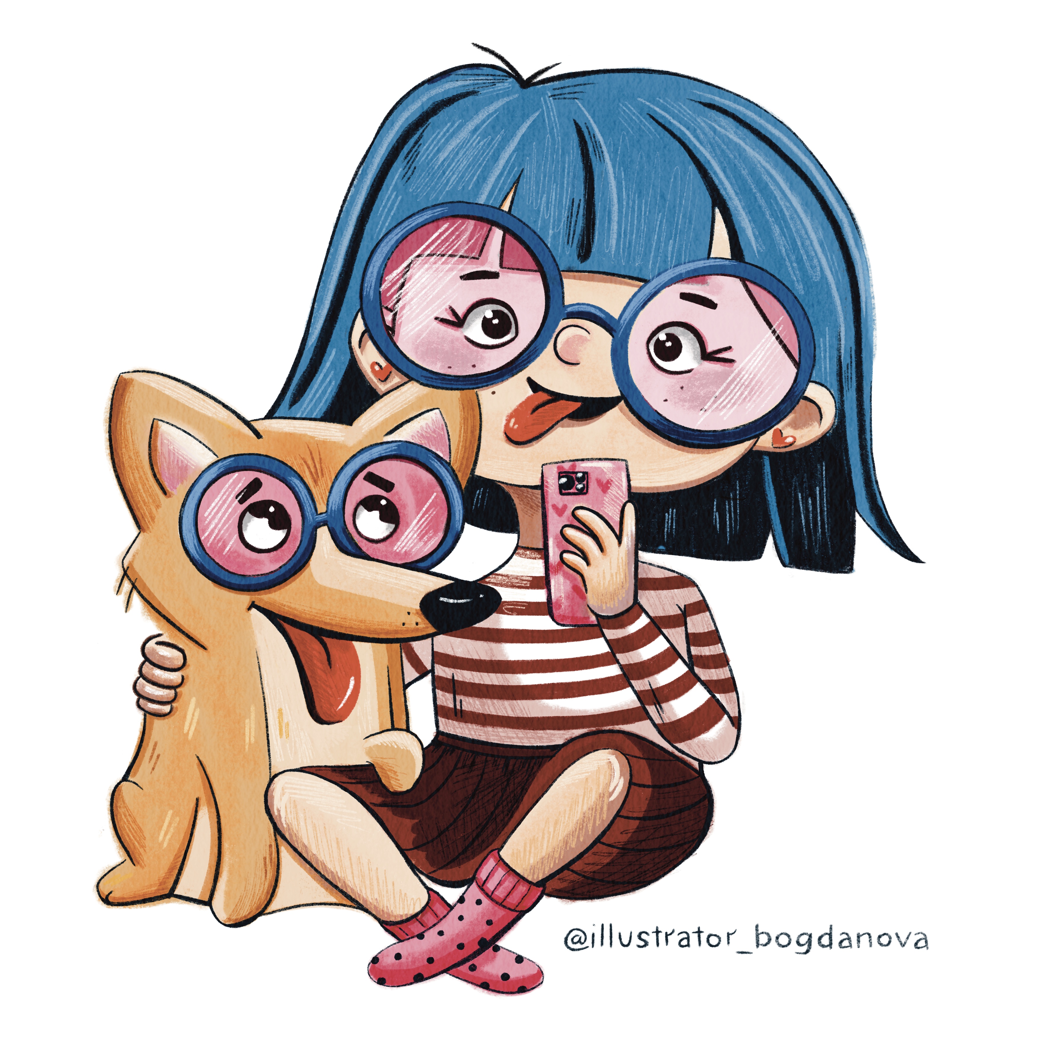 Девочка и собака фотографируются