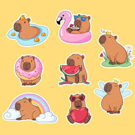 Капибары, персонажи животные, маскот, стикеры, векторная иллюстрация