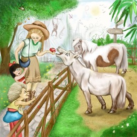 Мама и дочки кормят пони в зоопарке