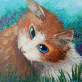 Рыжая кошка в траве