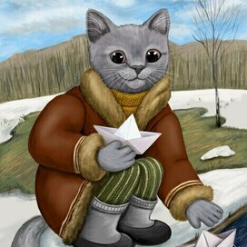 Весна пришла, котенок запускает кораблики