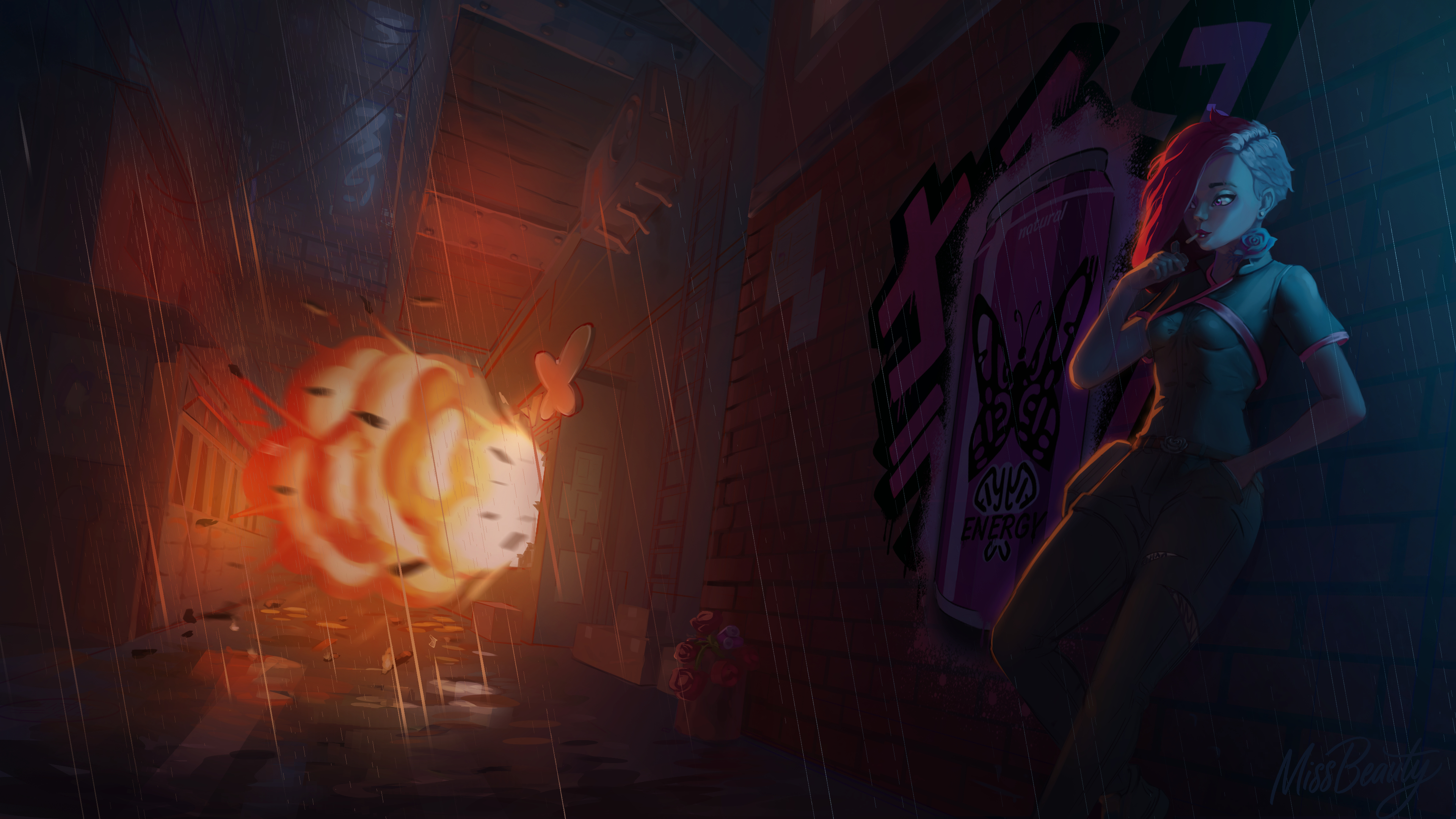 Девушка на фоне взрыва