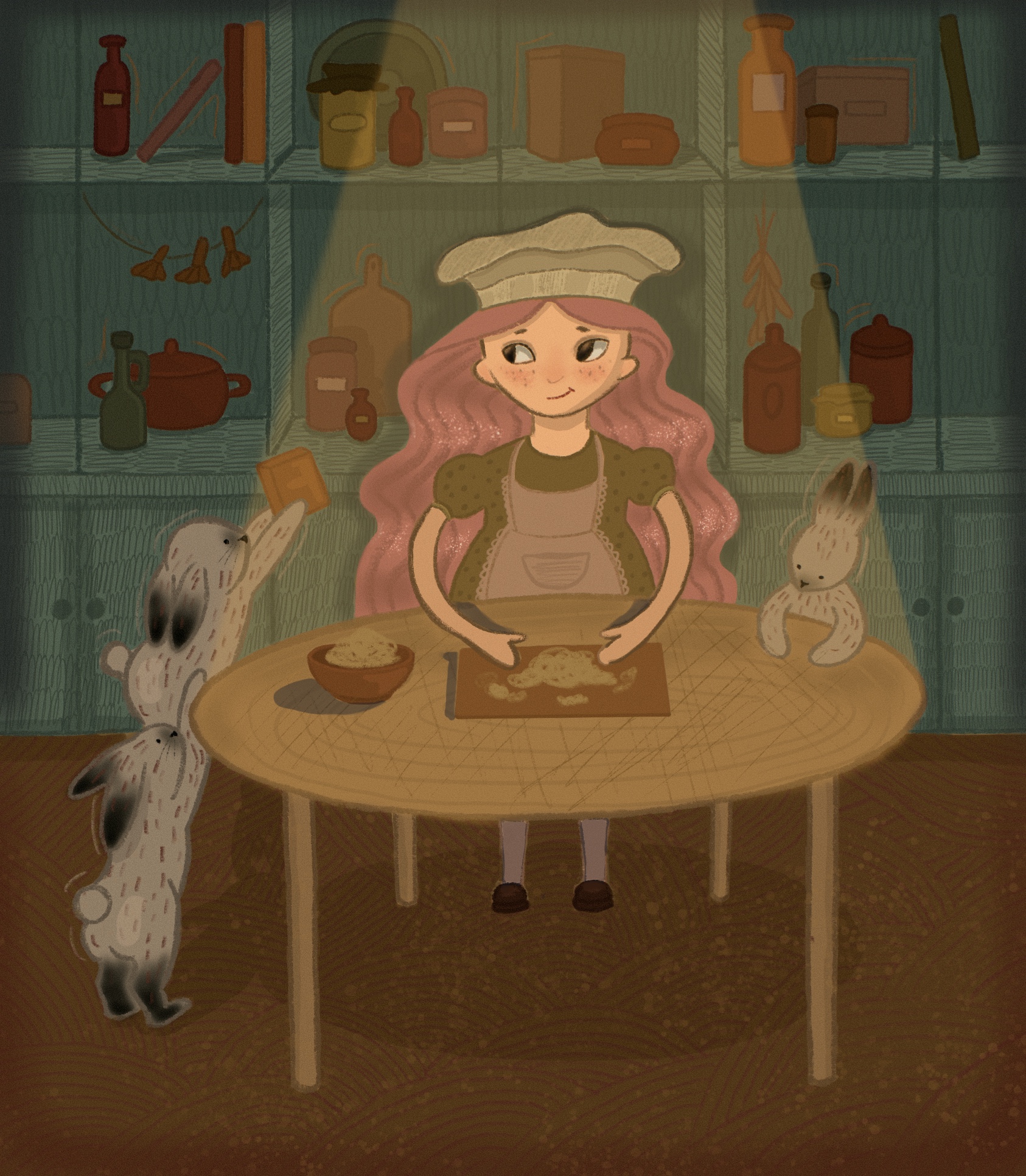 Девочка с зайчиками готовят пирог