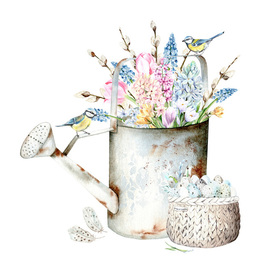 Лейка, цветы, синицы и яйца