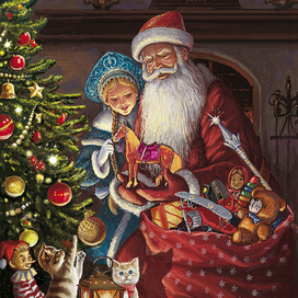 Дед Мороз и Снегурочка кладут под елку подарки.