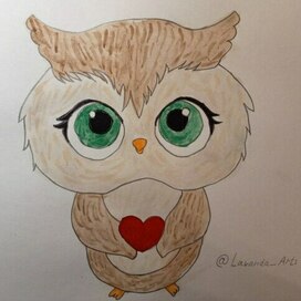 Совёнок с сердечком, акварель