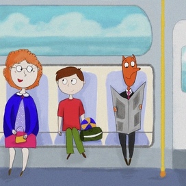 Детская иллюстрация, мальчик едет с бабушкой в метро на тренировку 