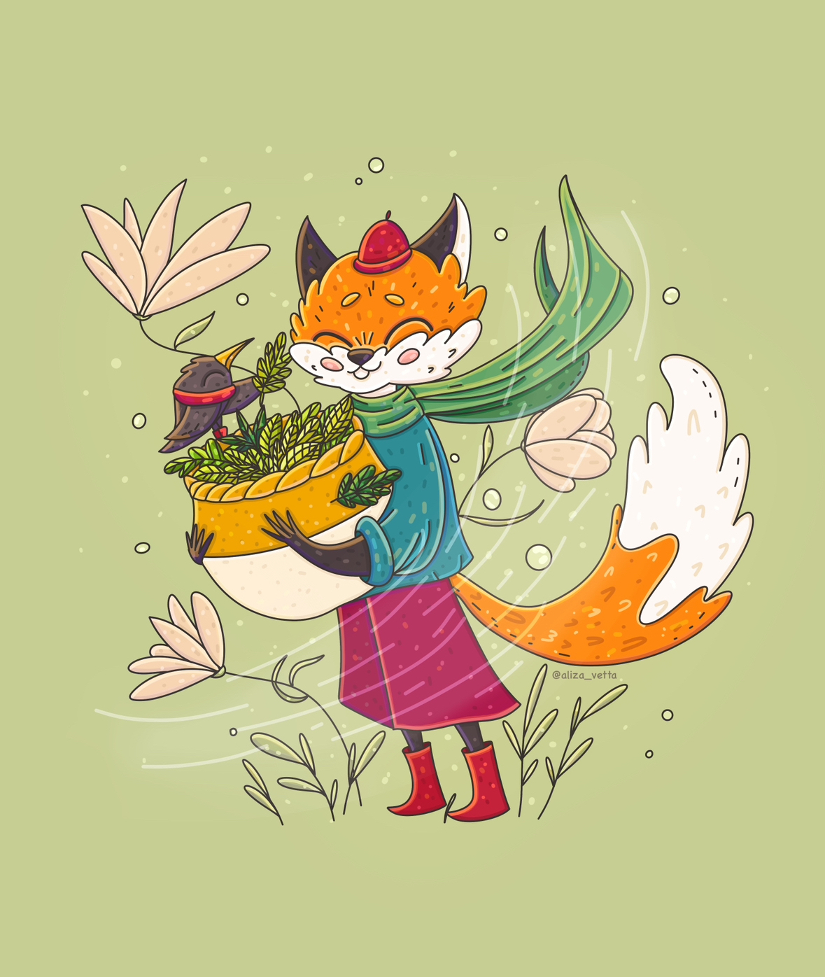 Лис идет на ярмарку продавать вязанные листики