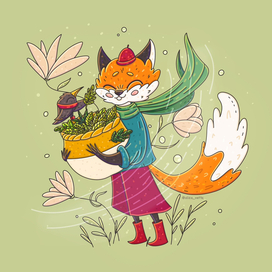 Лис идет на ярмарку продавать вязанные листики