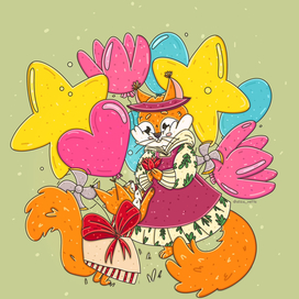 Белочка и цветы из шишек