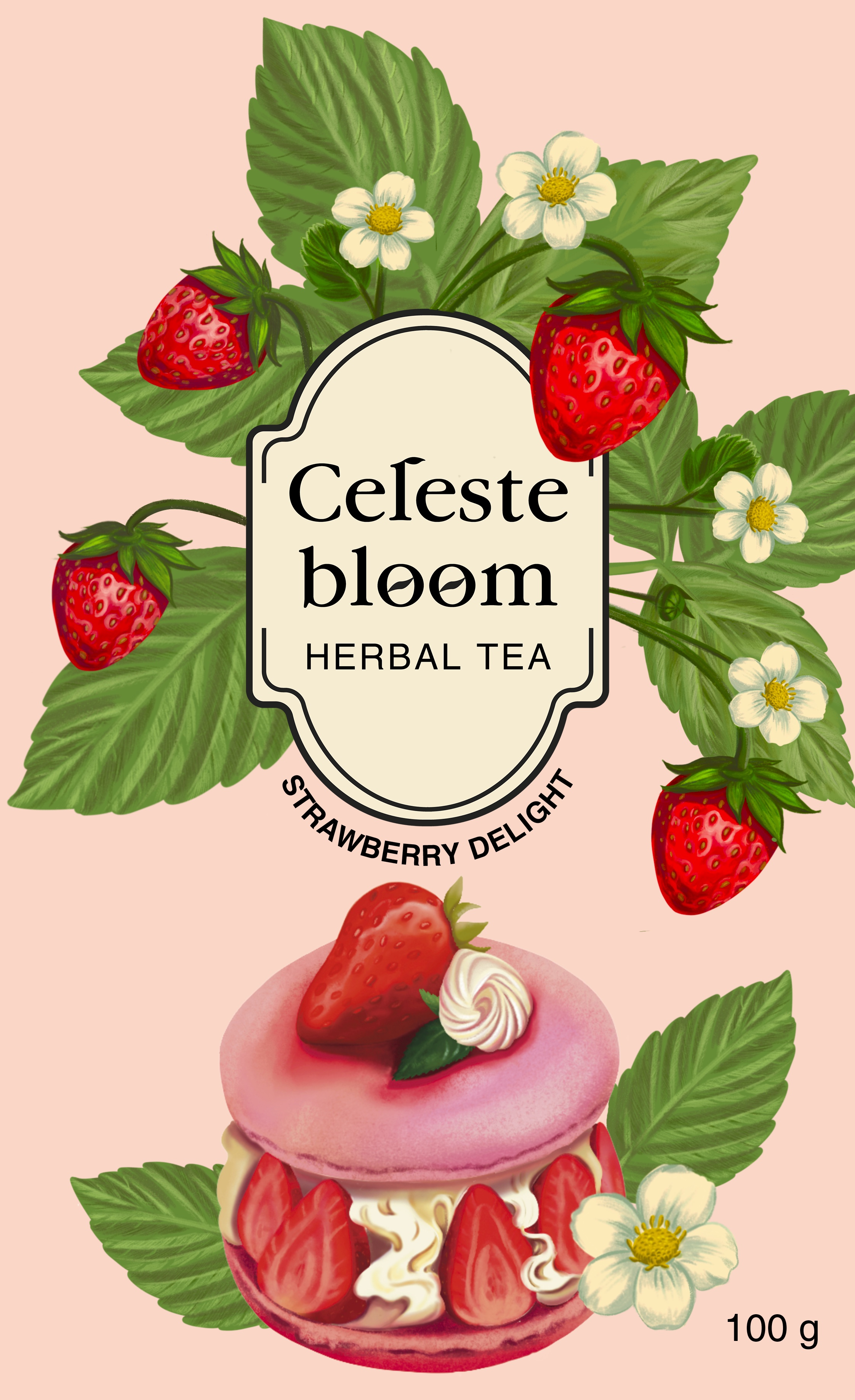 Иллюстрация на упаковку травяного чая с кусочками клубники