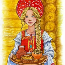 Русская красавица с угощениями на подносе / Русско-народный 