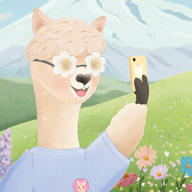 Альпака делает селфи, дизайн персонажа для фермы альпак