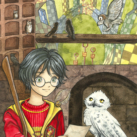 Гарри Поттер в совятнике / иллюстрация в стиле аниме квиддич