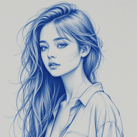 Портрет девушки синим карандашом.