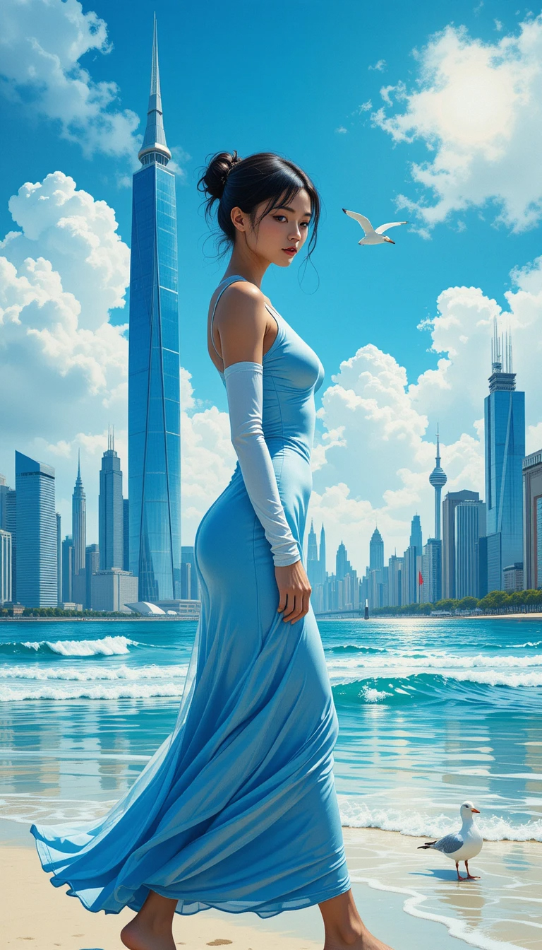 Девушка в голубом платье.