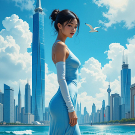 Девушка в голубом платье.