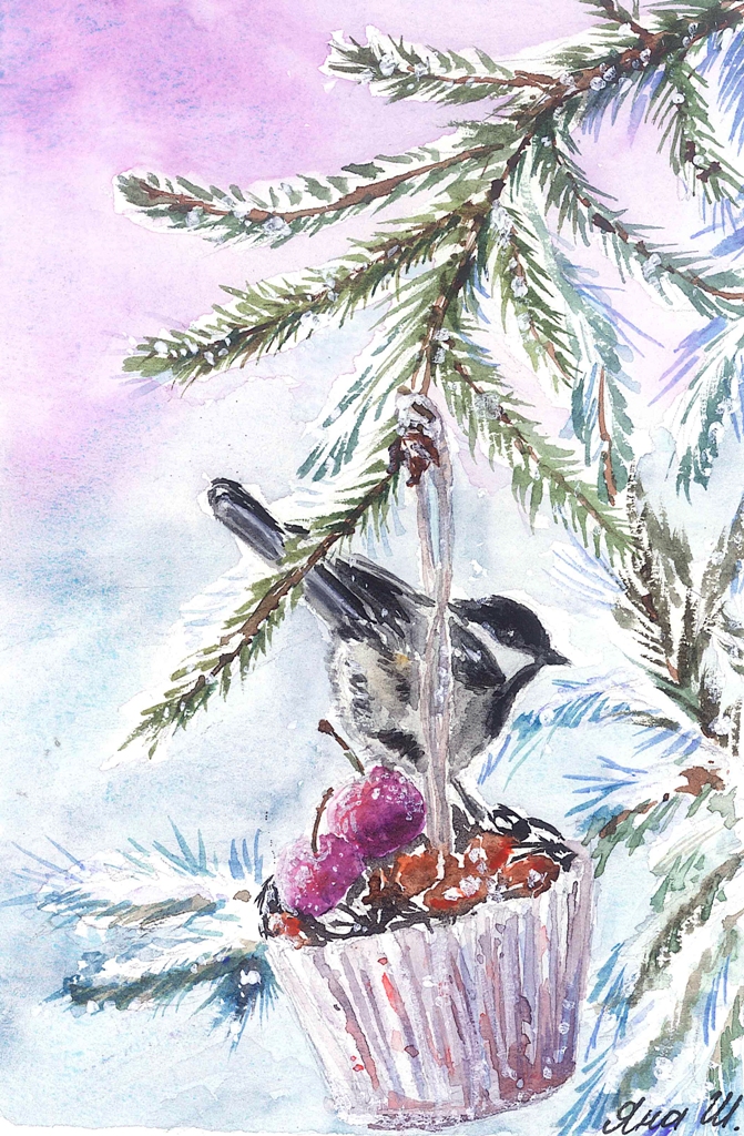 Синичка. Серия открыток "Зимняя сказка"