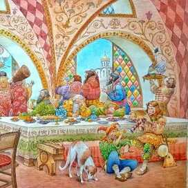 А царь тем временем обедал. Увидал он летучий корабль...