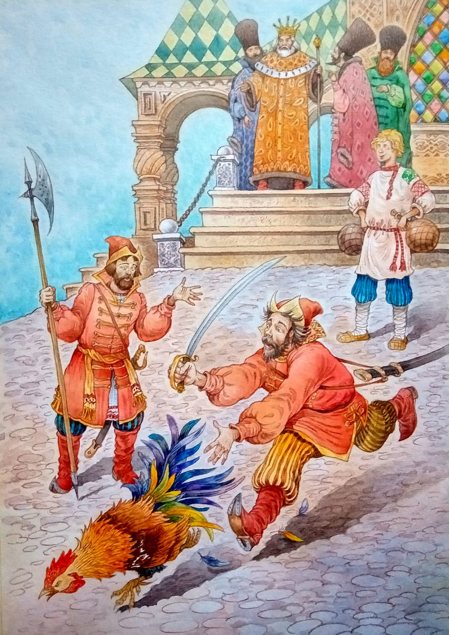 Велел царь поймать петуха и отрубить ему голову.