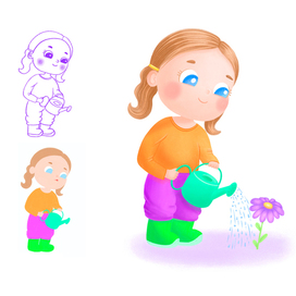 Девочка поливает цветок лейкой