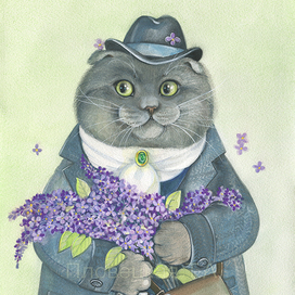 Кот с букетом сирени