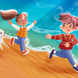 Лиза и Миша бегут вдоль берега