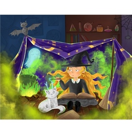 Сюжетная иллюстрация  с юной ведьмочкой