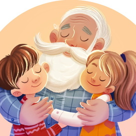 Миша и Лиза обнимают своего дедушку