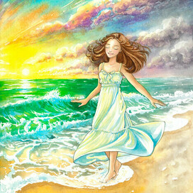 Иллюстрация для карт МАК девушка на пляже кружится 