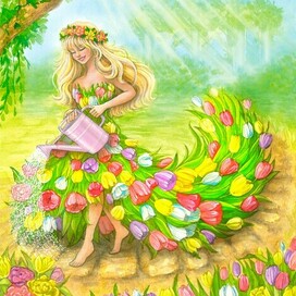 Цветочное платье из тюльпанов на девушке с лейкой в саду