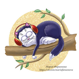 Котик в наушниках на ветке