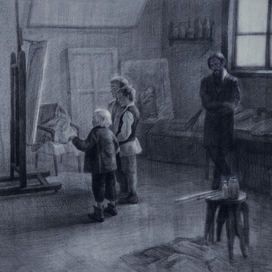 Васнецов с детьми в своей мастерской