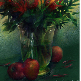 Цветы и яблоки.